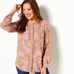 FALL READY Isaac Mizrahi Women's Plus Sz Top 24W 2X 3X FLORAL Blouse Blush